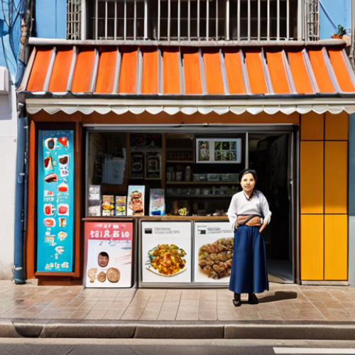 Home 7 **Prompt:** A bustling street scene in Montevideo, Uruguay, featuring a Korean entrepreneur confidently standing outside a modern storefront with subtle Korean-inspired signage. The setting should convey a blend of local Uruguayan architecture and the vibrant presence of a new, adapting business, emphasizing resilience and cultural integration.