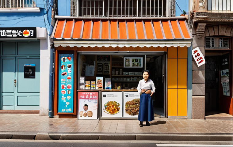 **Prompt:** A bustling street scene in Montevideo, Uruguay, featuring a Korean entrepreneur confidently standing outside a modern storefront with subtle Korean-inspired signage. The setting should convey a blend of local Uruguayan architecture and the vibrant presence of a new, adapting business, emphasizing resilience and cultural integration.