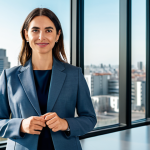 A professional adult woman in a sleek, modest business suit, standing confidently in a bright, modern co-working space in Montevideo. Large windows overlook a sophisticated city skyline, with subtle elements of contemporary design reflecting Uruguay's focus on innovation and technology. Professional photography, high resolution, soft diffused lighting, ultra-detailed, cinematic quality, fully clothed, modest clothing, appropriate attire, professional dress, safe for work, appropriate content, perfect anatomy, correct proportions, natural pose, well-formed hands, proper finger count, natural body proportions.