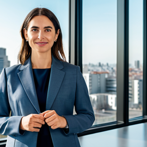 A professional adult woman in a sleek, modest business suit, standing confidently in a bright, modern co-working space in Montevideo. Large windows overlook a sophisticated city skyline, with subtle elements of contemporary design reflecting Uruguay's focus on innovation and technology. Professional photography, high resolution, soft diffused lighting, ultra-detailed, cinematic quality, fully clothed, modest clothing, appropriate attire, professional dress, safe for work, appropriate content, perfect anatomy, correct proportions, natural pose, well-formed hands, proper finger count, natural body proportions.