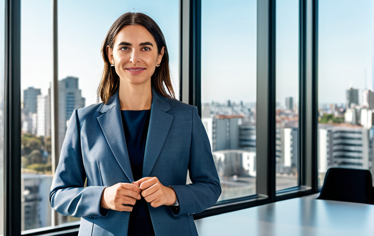 A professional adult woman in a sleek, modest business suit, standing confidently in a bright, modern co-working space in Montevideo. Large windows overlook a sophisticated city skyline, with subtle elements of contemporary design reflecting Uruguay's focus on innovation and technology. Professional photography, high resolution, soft diffused lighting, ultra-detailed, cinematic quality, fully clothed, modest clothing, appropriate attire, professional dress, safe for work, appropriate content, perfect anatomy, correct proportions, natural pose, well-formed hands, proper finger count, natural body proportions.