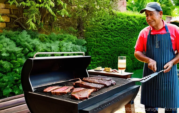 아사도 Asado 바베큐 문화 - **"The Art of the Asador"**
A focused "asador" (grill master) in his late 30s to early 40s, wear...